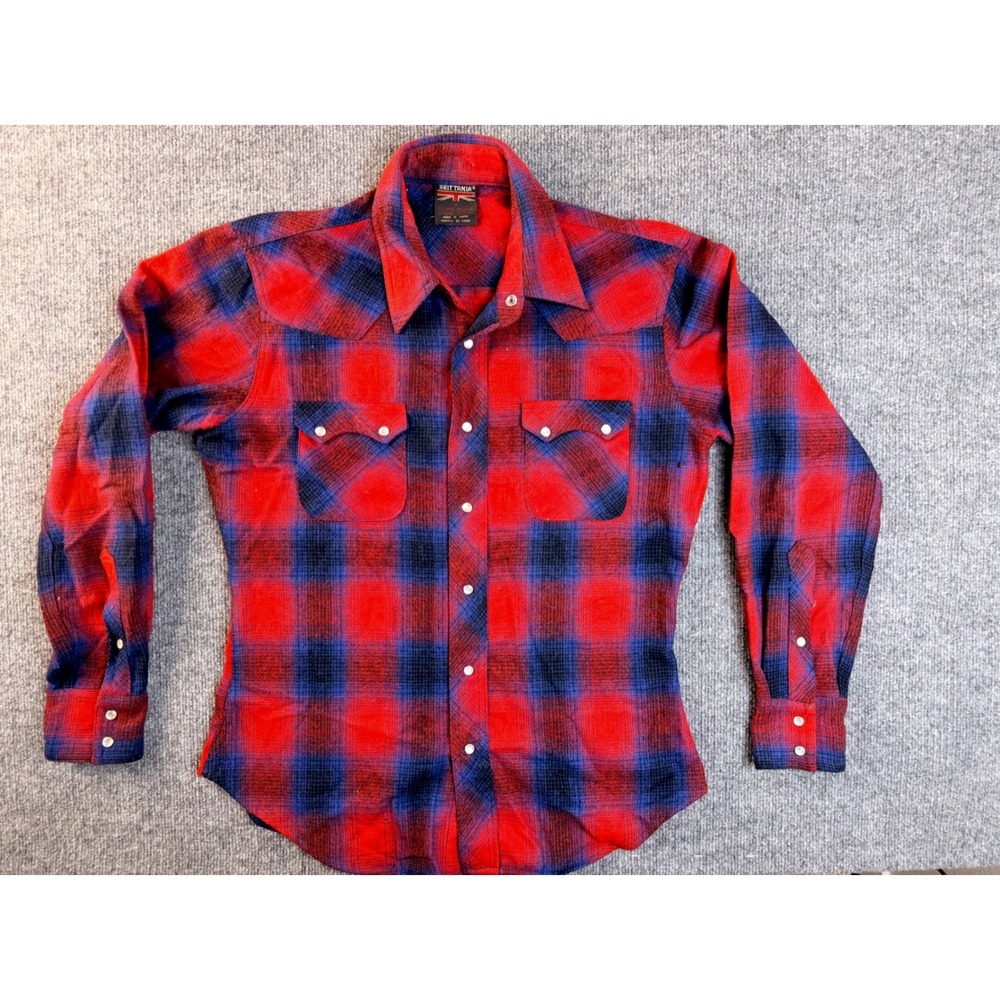 Vintage‎ Brittania Mens M Red Blue Wool Blend Plaid Western Flannel Shirt Flaw